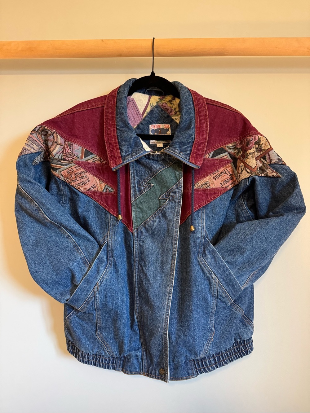Vintage Denim Jacket with Burgundy Accents